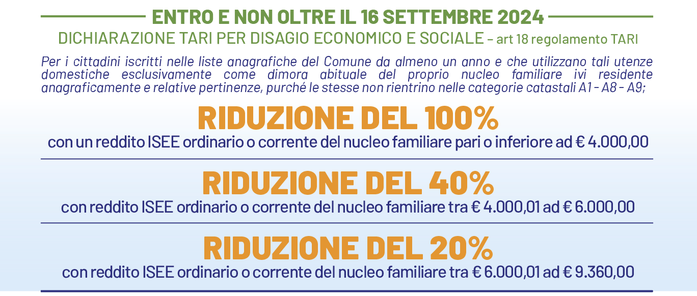 Nuove riduzioni TARI 2024 per disagio sociale - Nuova scadenza dichiarazione al 16/09/2024